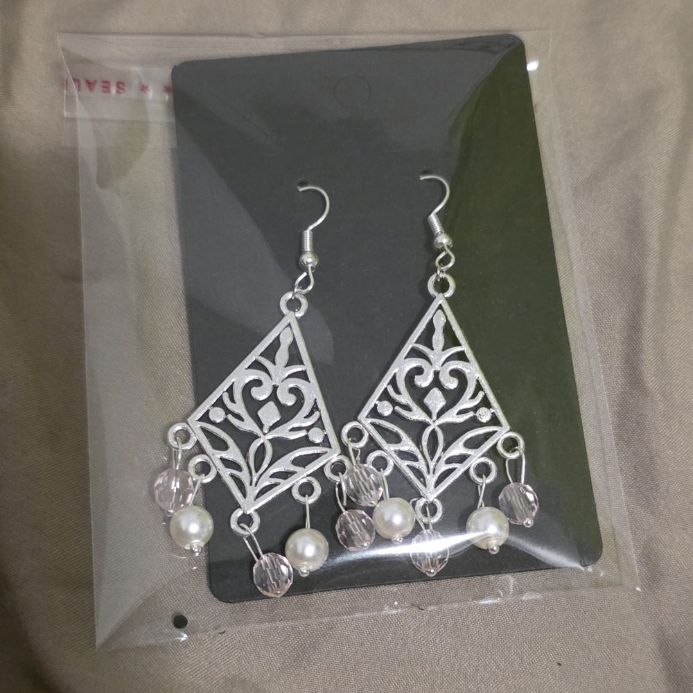2 For $24 Silver Filigree Dangle Earrings with Pink Crystal and Pearl Drops